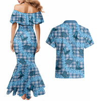 Cyan Palaka Hawaii Cowboy Couples Matching Mermaid Dress and Hawaiian Shirt Puakenikeni Lei Paniolo Papale Seamless Vibes LT14 - Polynesian Pride