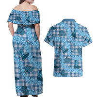 Cyan Palaka Hawaii Cowboy Couples Matching Off Shoulder Maxi Dress and Hawaiian Shirt Puakenikeni Lei Paniolo Papale Seamless Vibes LT14 - Polynesian Pride