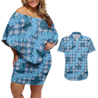 Cyan Palaka Hawaii Cowboy Couples Matching Off Shoulder Short Dress and Hawaiian Shirt Puakenikeni Lei Paniolo Papale Seamless Vibes LT14 Cyan - Polynesian Pride