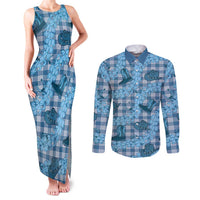 Cyan Palaka Hawaii Cowboy Couples Matching Tank Maxi Dress and Long Sleeve Button Shirt Puakenikeni Lei Paniolo Papale Seamless Vibes LT14 Cyan - Polynesian Pride