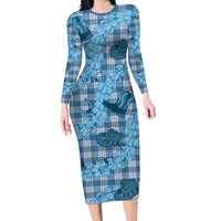 Cyan Palaka Hawaii Cowboy Family Matching Long Sleeve Bodycon Dress and Hawaiian Shirt Puakenikeni Lei Paniolo Papale Seamless Vibes LT14 Mom's Dress Cyan - Polynesian Pride