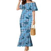 Cyan Palaka Hawaii Cowboy Family Matching Mermaid Dress and Hawaiian Shirt Puakenikeni Lei Paniolo Papale Seamless Vibes LT14 Mom's Dress Cyan - Polynesian Pride