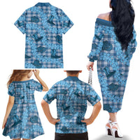 Cyan Palaka Hawaii Cowboy Family Matching Off The Shoulder Long Sleeve Dress and Hawaiian Shirt Puakenikeni Lei Paniolo Papale Seamless Vibes LT14 - Polynesian Pride