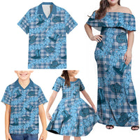 Cyan Palaka Hawaii Cowboy Family Matching Off Shoulder Maxi Dress and Hawaiian Shirt Puakenikeni Lei Paniolo Papale Seamless Vibes LT14 - Polynesian Pride