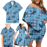 Cyan Palaka Hawaii Cowboy Family Matching Off Shoulder Short Dress and Hawaiian Shirt Puakenikeni Lei Paniolo Papale Seamless Vibes LT14 - Polynesian Pride