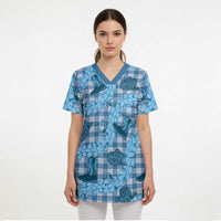 Cyan Palaka Hawaii Cowboy Scrub Top Puakenikeni Lei Paniolo Papale Seamless Vibes LT14 - Polynesian Pride