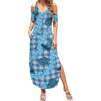 Cyan Palaka Hawaii Cowboy Summer Maxi Dress Puakenikeni Lei Paniolo Papale Seamless Vibes LT14 Women Cyan - Polynesian Pride