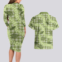 Lime Palaka Hawaii Cowboy Couples Matching Long Sleeve Bodycon Dress and Hawaiian Shirt Puakenikeni Lei Paniolo Papale Seamless Vibes LT14 - Polynesian Pride