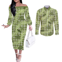 Lime Palaka Hawaii Cowboy Couples Matching Off The Shoulder Long Sleeve Dress and Long Sleeve Button Shirt Puakenikeni Lei Paniolo Papale Seamless Vibes LT14 Lime - Polynesian Pride