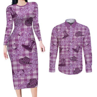 Purple Palaka Hawaii Cowboy Couples Matching Long Sleeve Bodycon Dress and Long Sleeve Button Shirt Puakenikeni Lei Paniolo Papale Seamless Vibes LT14 Purple - Polynesian Pride