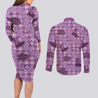 Purple Palaka Hawaii Cowboy Couples Matching Long Sleeve Bodycon Dress and Long Sleeve Button Shirt Puakenikeni Lei Paniolo Papale Seamless Vibes LT14 - Polynesian Pride