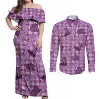 Purple Palaka Hawaii Cowboy Couples Matching Off Shoulder Maxi Dress and Long Sleeve Button Shirt Puakenikeni Lei Paniolo Papale Seamless Vibes LT14 Purple - Polynesian Pride