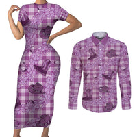 Purple Palaka Hawaii Cowboy Couples Matching Short Sleeve Bodycon Dress and Long Sleeve Button Shirt Puakenikeni Lei Paniolo Papale Seamless Vibes LT14 Purple - Polynesian Pride