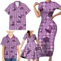 Purple Palaka Hawaii Cowboy Family Matching Short Sleeve Bodycon Dress and Hawaiian Shirt Puakenikeni Lei Paniolo Papale Seamless Vibes LT14 - Polynesian Pride