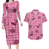 Pink Palaka Hawaii Cowboy Couples Matching Long Sleeve Bodycon Dress and Hawaiian Shirt Puakenikeni Lei Paniolo Papale Seamless Vibes LT14 Pink - Polynesian Pride
