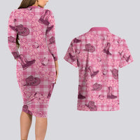 Pink Palaka Hawaii Cowboy Couples Matching Long Sleeve Bodycon Dress and Hawaiian Shirt Puakenikeni Lei Paniolo Papale Seamless Vibes LT14 - Polynesian Pride
