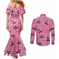 Pink Palaka Hawaii Cowboy Couples Matching Mermaid Dress and Long Sleeve Button Shirt Puakenikeni Lei Paniolo Papale Seamless Vibes LT14 - Polynesian Pride