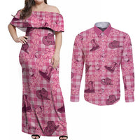 Pink Palaka Hawaii Cowboy Couples Matching Off Shoulder Maxi Dress and Long Sleeve Button Shirt Puakenikeni Lei Paniolo Papale Seamless Vibes LT14 Pink - Polynesian Pride