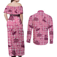 Pink Palaka Hawaii Cowboy Couples Matching Off Shoulder Maxi Dress and Long Sleeve Button Shirt Puakenikeni Lei Paniolo Papale Seamless Vibes LT14 - Polynesian Pride