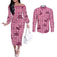 Pink Palaka Hawaii Cowboy Couples Matching Off The Shoulder Long Sleeve Dress and Long Sleeve Button Shirt Puakenikeni Lei Paniolo Papale Seamless Vibes LT14 Pink - Polynesian Pride
