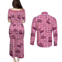 Pink Palaka Hawaii Cowboy Couples Matching Puletasi and Long Sleeve Button Shirt Puakenikeni Lei Paniolo Papale Seamless Vibes LT14 - Polynesian Pride