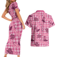 Pink Palaka Hawaii Cowboy Couples Matching Short Sleeve Bodycon Dress and Hawaiian Shirt Puakenikeni Lei Paniolo Papale Seamless Vibes LT14 - Polynesian Pride