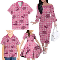 Pink Palaka Hawaii Cowboy Family Matching Off The Shoulder Long Sleeve Dress and Hawaiian Shirt Puakenikeni Lei Paniolo Papale Seamless Vibes LT14 - Polynesian Pride