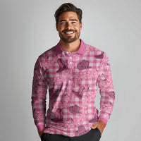 Pink Palaka Hawaii Cowboy Long Sleeve Polo Shirt Puakenikeni Lei Paniolo Papale Seamless Vibes LT14 - Polynesian Pride