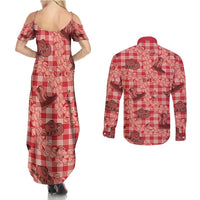 Red Palaka Hawaii Cowboy Couples Matching Summer Maxi Dress and Long Sleeve Button Shirt Puakenikeni Lei Paniolo Papale Seamless Vibes LT14 - Polynesian Pride