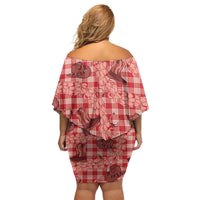 Red Palaka Hawaii Cowboy Off Shoulder Short Dress Puakenikeni Lei Paniolo Papale Seamless Vibes LT14 - Polynesian Pride