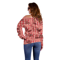 Red Palaka Hawaii Cowboy Off Shoulder Sweater Puakenikeni Lei Paniolo Papale Seamless Vibes LT14 - Polynesian Pride