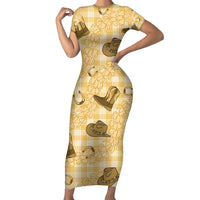 Yellow Palaka Hawaii Cowboy Family Matching Short Sleeve Bodycon Dress and Hawaiian Shirt Puakenikeni Lei Paniolo Papale Seamless Vibes LT14 Mom's Dress Yellow - Polynesian Pride