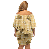 Yellow Palaka Hawaii Cowboy Off Shoulder Short Dress Puakenikeni Lei Paniolo Papale Seamless Vibes LT14 - Polynesian Pride