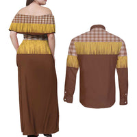 Aloha Hawaii Cowboy Custome Couples Matching Off Shoulder Maxi Dress and Long Sleeve Button Shirt Puakenikeni Lei Palaka Tassel Style LT14 - Polynesian Pride