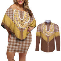 Aloha Hawaii Cowboy Custome Couples Matching Off Shoulder Short Dress and Long Sleeve Button Shirt Puakenikeni Lei Palaka Tassel Style LT14 Brown - Polynesian Pride