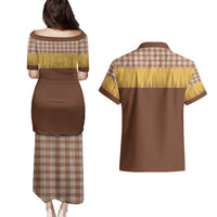 Aloha Hawaii Cowboy Custome Couples Matching Puletasi and Hawaiian Shirt Puakenikeni Lei Palaka Tassel Style - Polynesian Pride