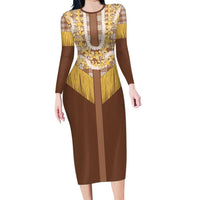Aloha Hawaii Cowboy Custome Long Sleeve Bodycon Dress Puakenikeni Lei Palaka Tassel Style LT14 Long Dress Brown - Polynesian Pride