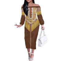 Aloha Hawaii Cowboy Custome Off The Shoulder Long Sleeve Dress Puakenikeni Lei Palaka Tassel Style LT14 Women Brown - Polynesian Pride