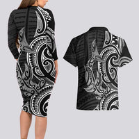 New Zealand Hammerhead Shark Couples Matching Long Sleeve Bodycon Dress and Hawaiian Shirt Maori Haehae Mangopare Black LT14 - Polynesian Pride