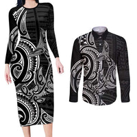 New Zealand Hammerhead Shark Couples Matching Long Sleeve Bodycon Dress and Long Sleeve Button Shirt Maori Haehae Mangopare Black LT14 Black - Polynesian Pride