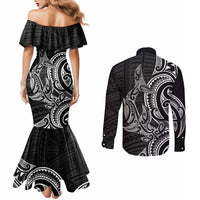 New Zealand Hammerhead Shark Couples Matching Mermaid Dress and Long Sleeve Button Shirt Maori Haehae Mangopare Black LT14 - Polynesian Pride