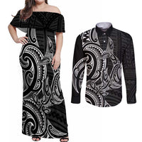 New Zealand Hammerhead Shark Couples Matching Off Shoulder Maxi Dress and Long Sleeve Button Shirt Maori Haehae Mangopare Black LT14 Black - Polynesian Pride