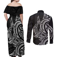 New Zealand Hammerhead Shark Couples Matching Off Shoulder Maxi Dress and Long Sleeve Button Shirt Maori Haehae Mangopare Black LT14 - Polynesian Pride