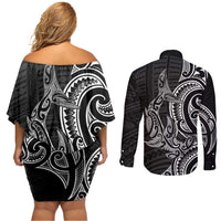 New Zealand Hammerhead Shark Couples Matching Off Shoulder Short Dress and Long Sleeve Button Shirt Maori Haehae Mangopare Black LT14 - Polynesian Pride