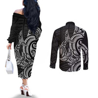New Zealand Hammerhead Shark Couples Matching Off The Shoulder Long Sleeve Dress and Long Sleeve Button Shirt Maori Haehae Mangopare Black LT14 - Polynesian Pride