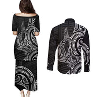 New Zealand Hammerhead Shark Couples Matching Puletasi and Long Sleeve Button Shirt Maori Haehae Mangopare Black LT14 - Polynesian Pride
