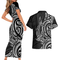 New Zealand Hammerhead Shark Couples Matching Short Sleeve Bodycon Dress and Hawaiian Shirt Maori Haehae Mangopare Black LT14 - Polynesian Pride