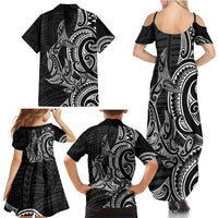 New Zealand Hammerhead Shark Family Matching Summer Maxi Dress and Hawaiian Shirt Maori Haehae Mangopare Black LT14 - Polynesian Pride