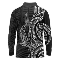 New Zealand Hammerhead Shark Long Sleeve Polo Shirt Maori Haehae Mangopare Black LT14 - Polynesian Pride