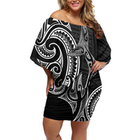 New Zealand Hammerhead Shark Off Shoulder Short Dress Maori Haehae Mangopare Black LT14 Women Black - Polynesian Pride